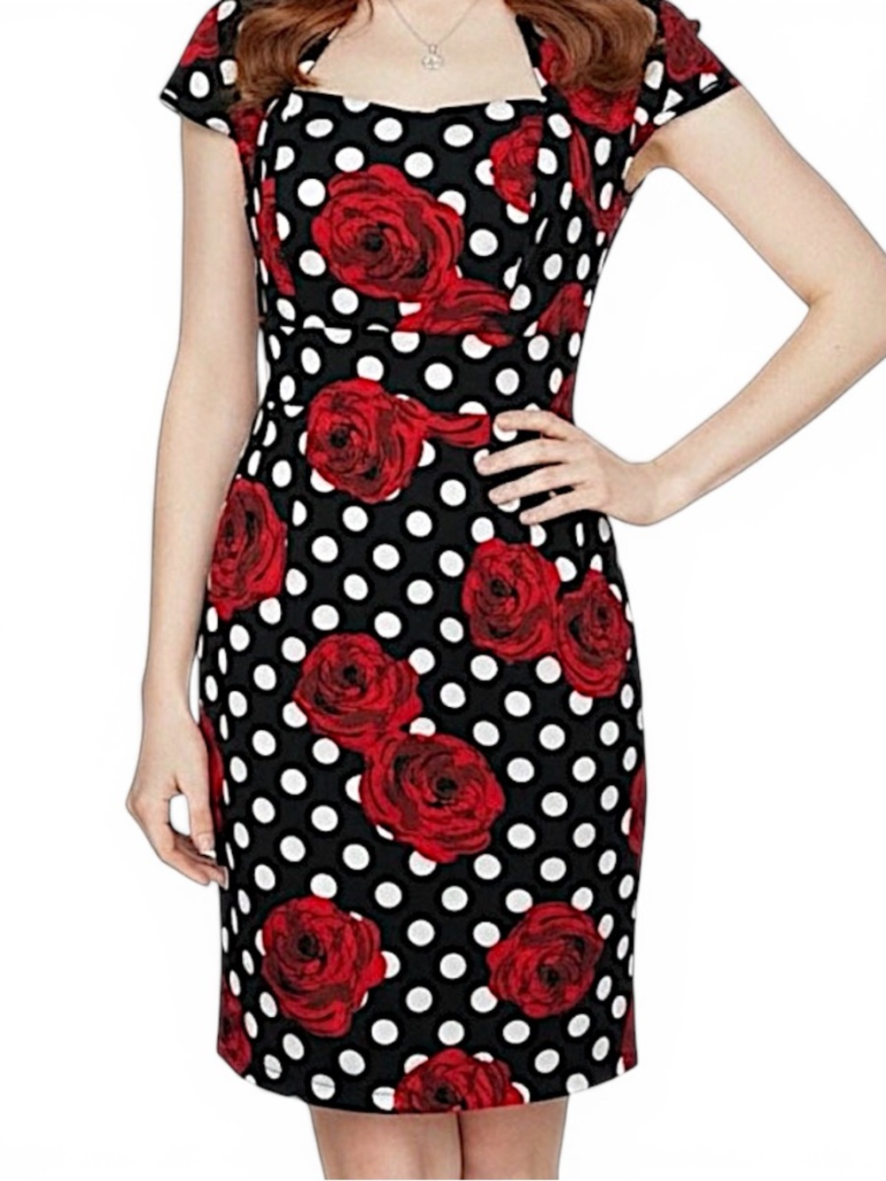 Grace Karin Floral Polka Dot Sheath Dress‎ Size 2 Retro Rockabilly Pinup Rose